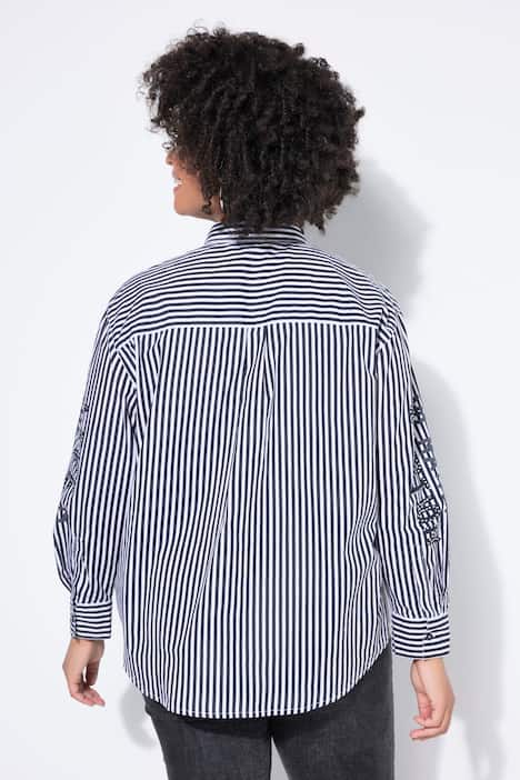 Hemdbluse, oversized, Streifen, Pailletten-Schriftzug