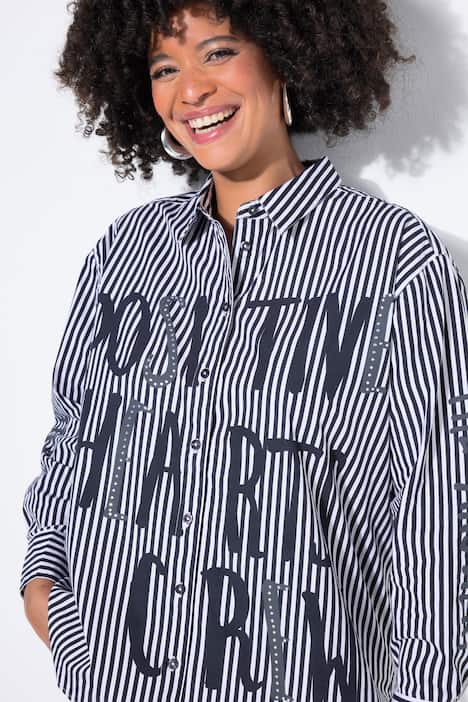 Hemdbluse, oversized, Streifen, Pailletten-Schriftzug