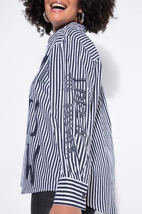 Hemdbluse, oversized, Streifen, Pailletten-Schriftzug