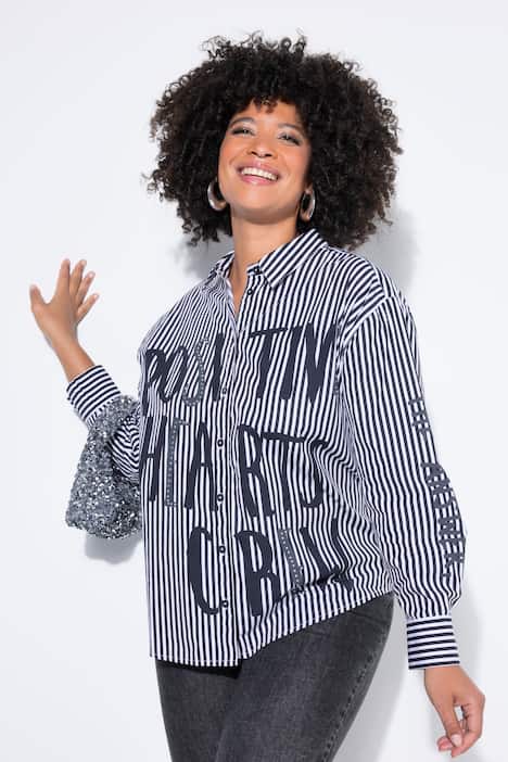 Hemdbluse, oversized, Streifen, Pailletten-Schriftzug