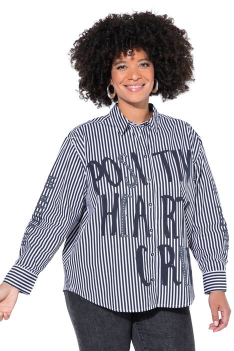 Košilová halenka, oversize, pruhy, flitrový nápis