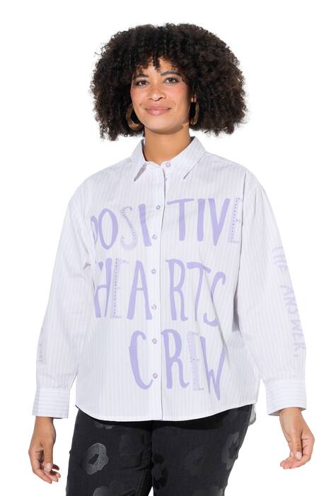 Košilová halenka, oversize, pruhy, flitrový nápis