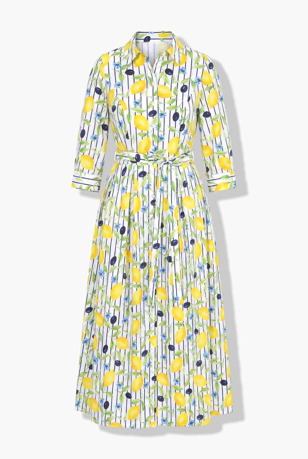 Maxi-Hemdblusenkleid, Zitronen, Hemdkragen, 3/4-Arm