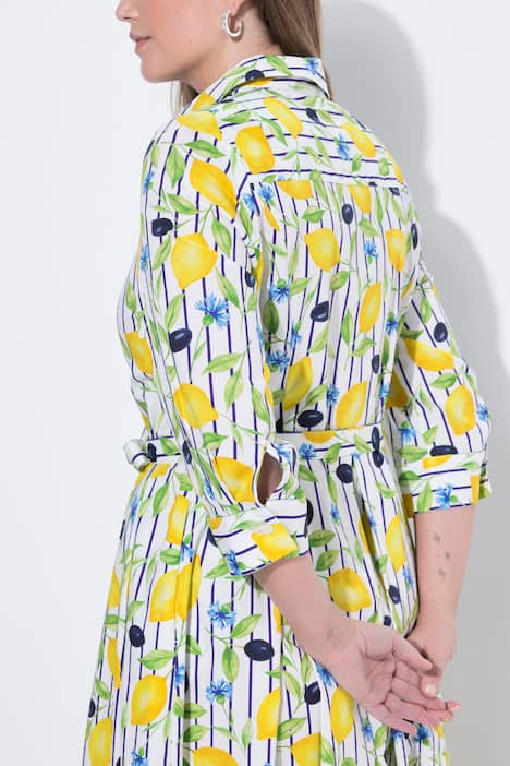 Maksi-skjortekjole, sitroner, skjortekrage, 3/4-ermer