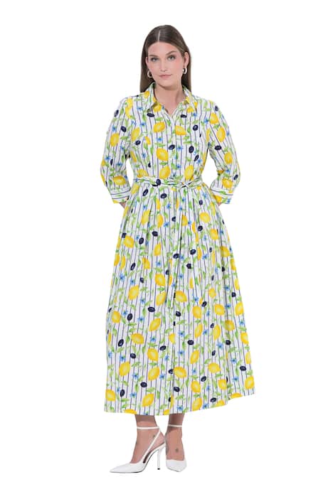 Maxi košilové šaty, citrony, košilový límec, 3/4 rukáv
