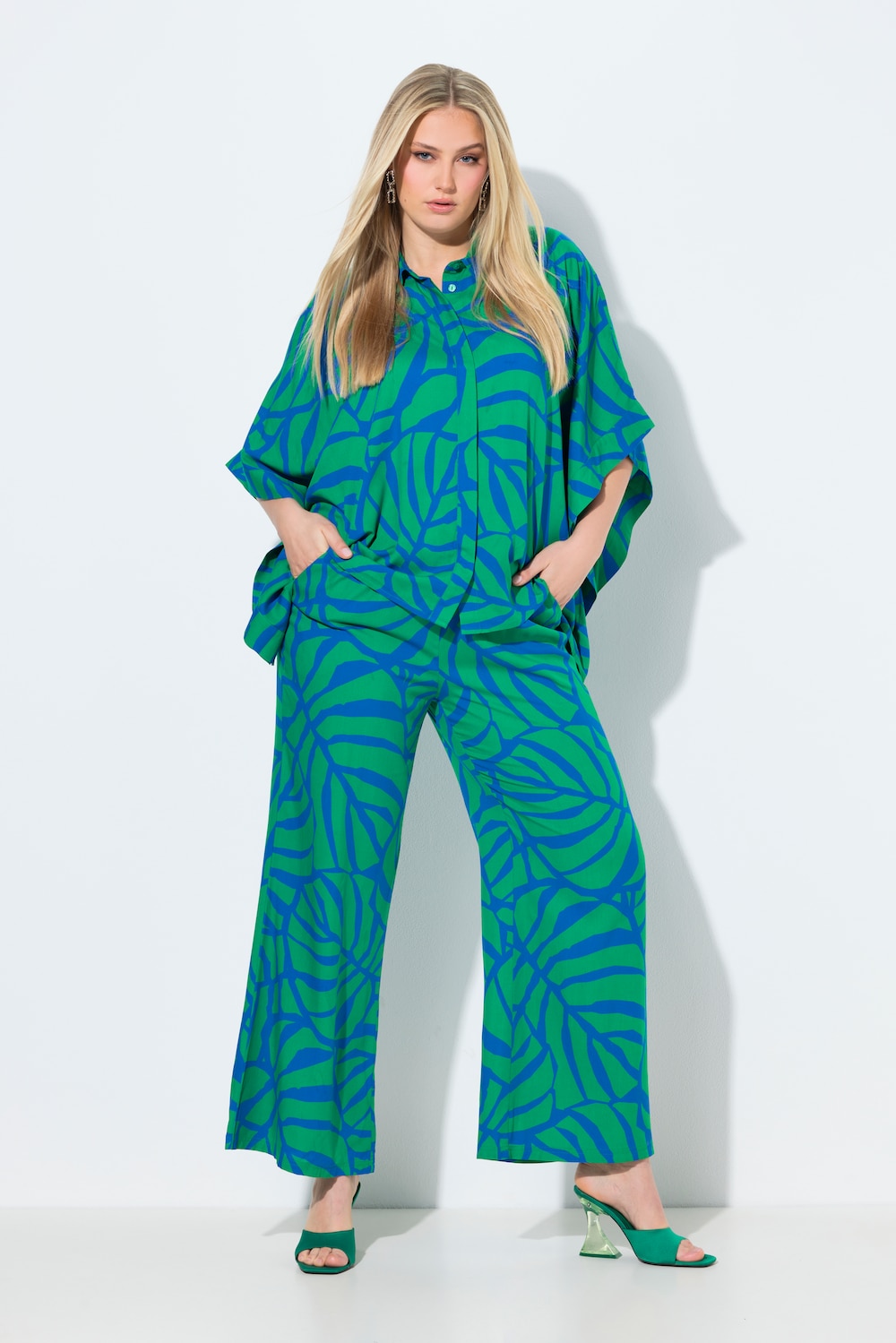 Broek, bladeren, wijde, rechte pijpen, elastische tailleband