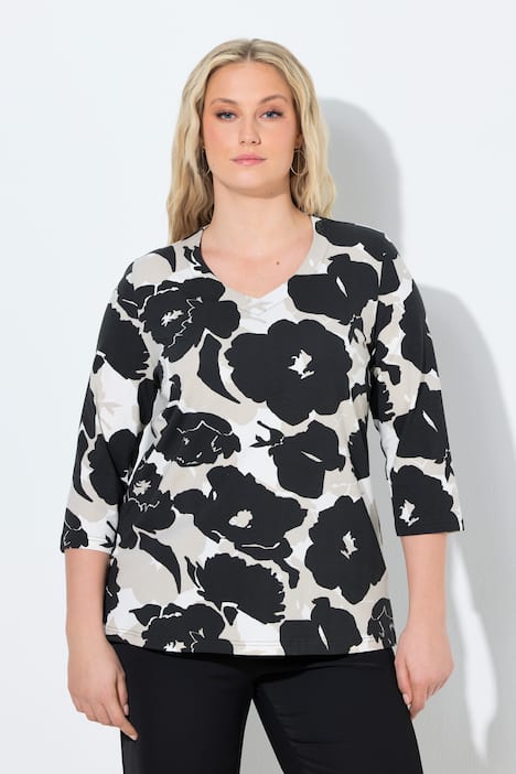 Maglia classica con fiori, scollo a V e maniche a 3/4