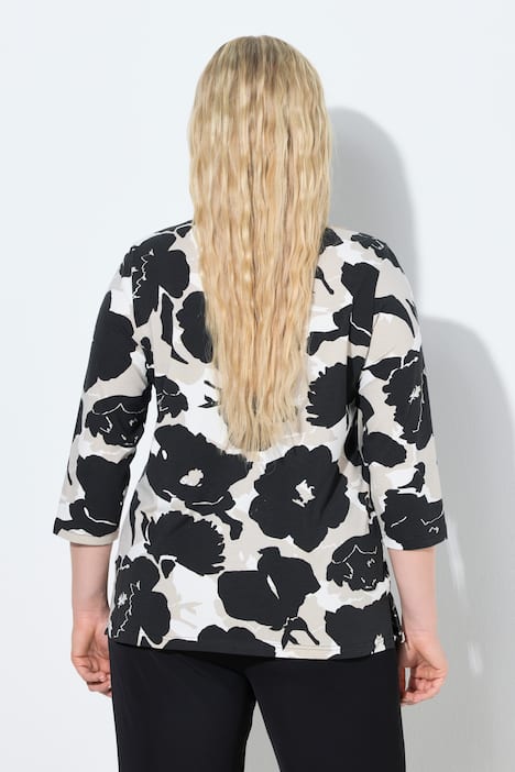 Maglia classica con fiori, scollo a V e maniche a 3/4