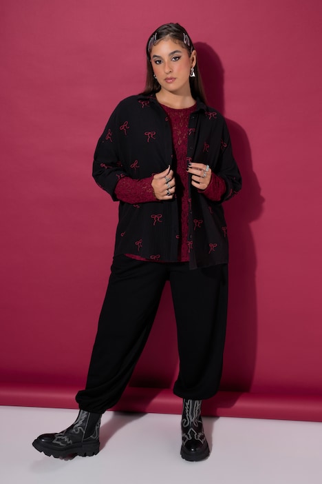 Hemdbluse, oversized, Musselin, Stick-Schleifen