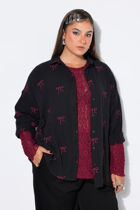 Hemdbluse, oversized, Musselin, Stick-Schleifen