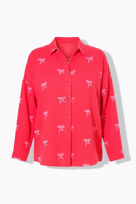 Hemdbluse, oversized, Musselin, Stick-Schleifen