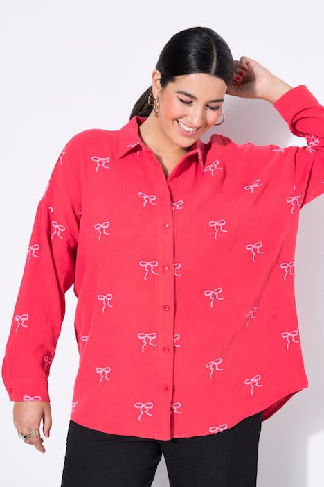 Hemdbluse, oversized, Musselin, Stick-Schleifen