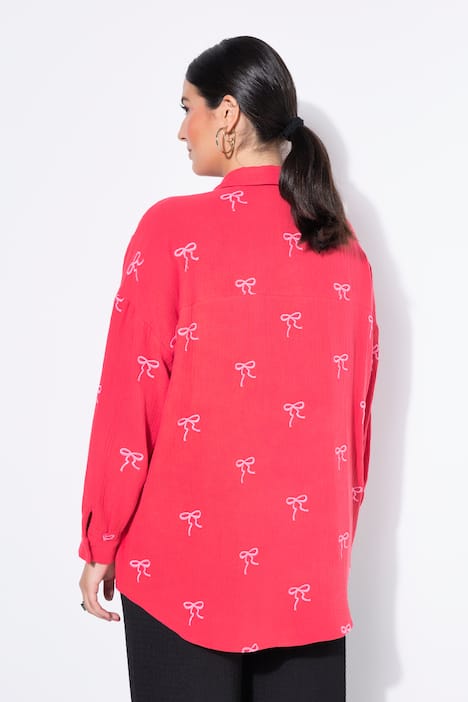 Hemdbluse, oversized, Musselin, Stick-Schleifen