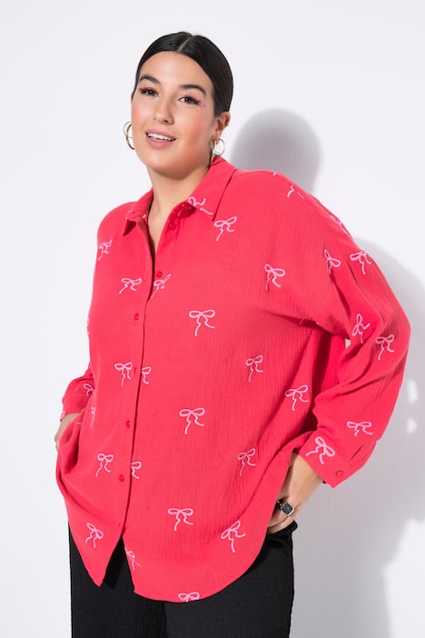 Hemdbluse, oversized, Musselin, Stick-Schleifen