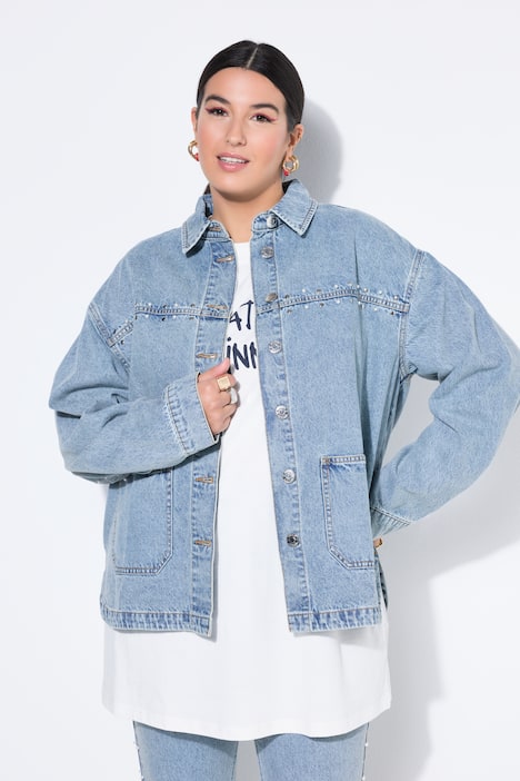 Jeansjacke, oversized, Zierperlen, Glitzersteinchen