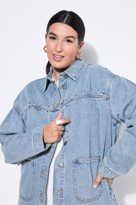Jeansjacke, oversized, Zierperlen, Glitzersteinchen
