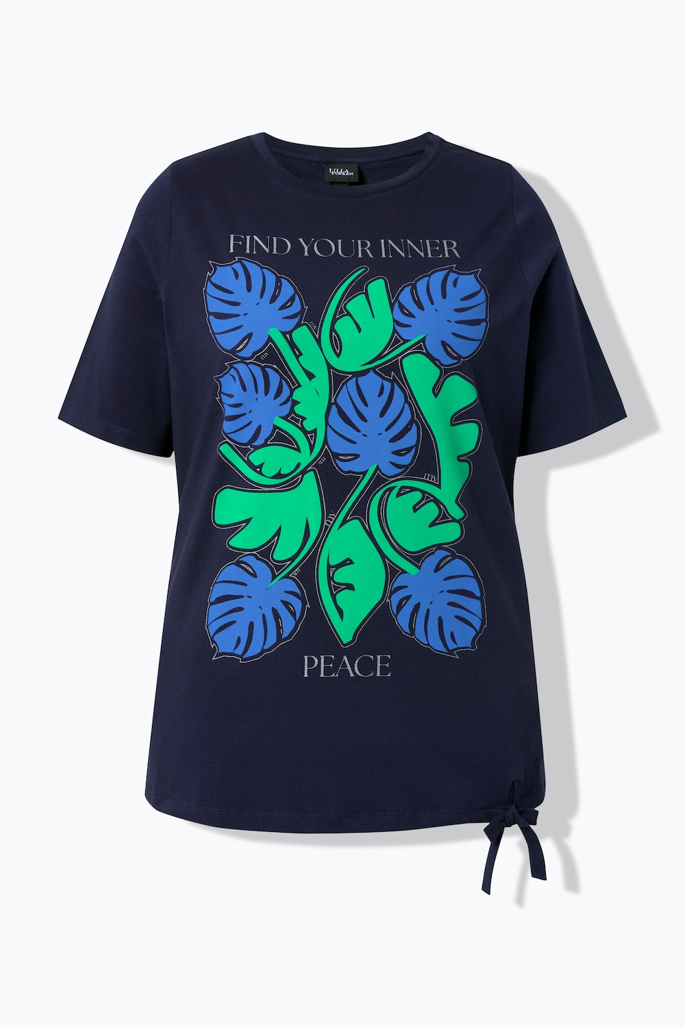 Stora storlekar T-shirt med print och knytband vid fållen, Dam, blå, storlek: 46/48, Bomull, Ulla Popken