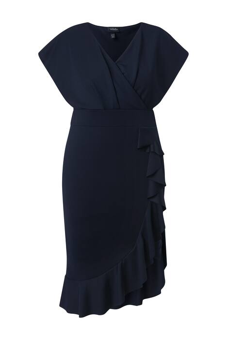 Žerzejové přiléhavé šaty, volánky, V výstřih, nabírané rukávy