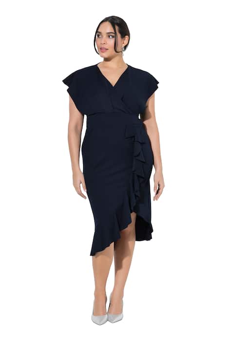 Žerzejové přiléhavé šaty, volánky, V výstřih, nabírané rukávy