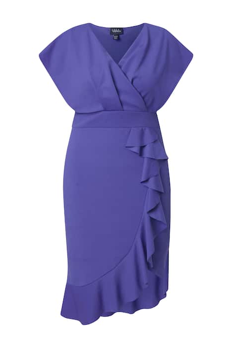 Žerzejové přiléhavé šaty, volánky, V výstřih, nabírané rukávy