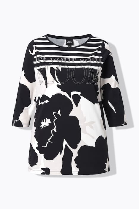 Shirt, Blüten, Ziersteine, U-Boot-Ausschnitt, 3/4-Arm