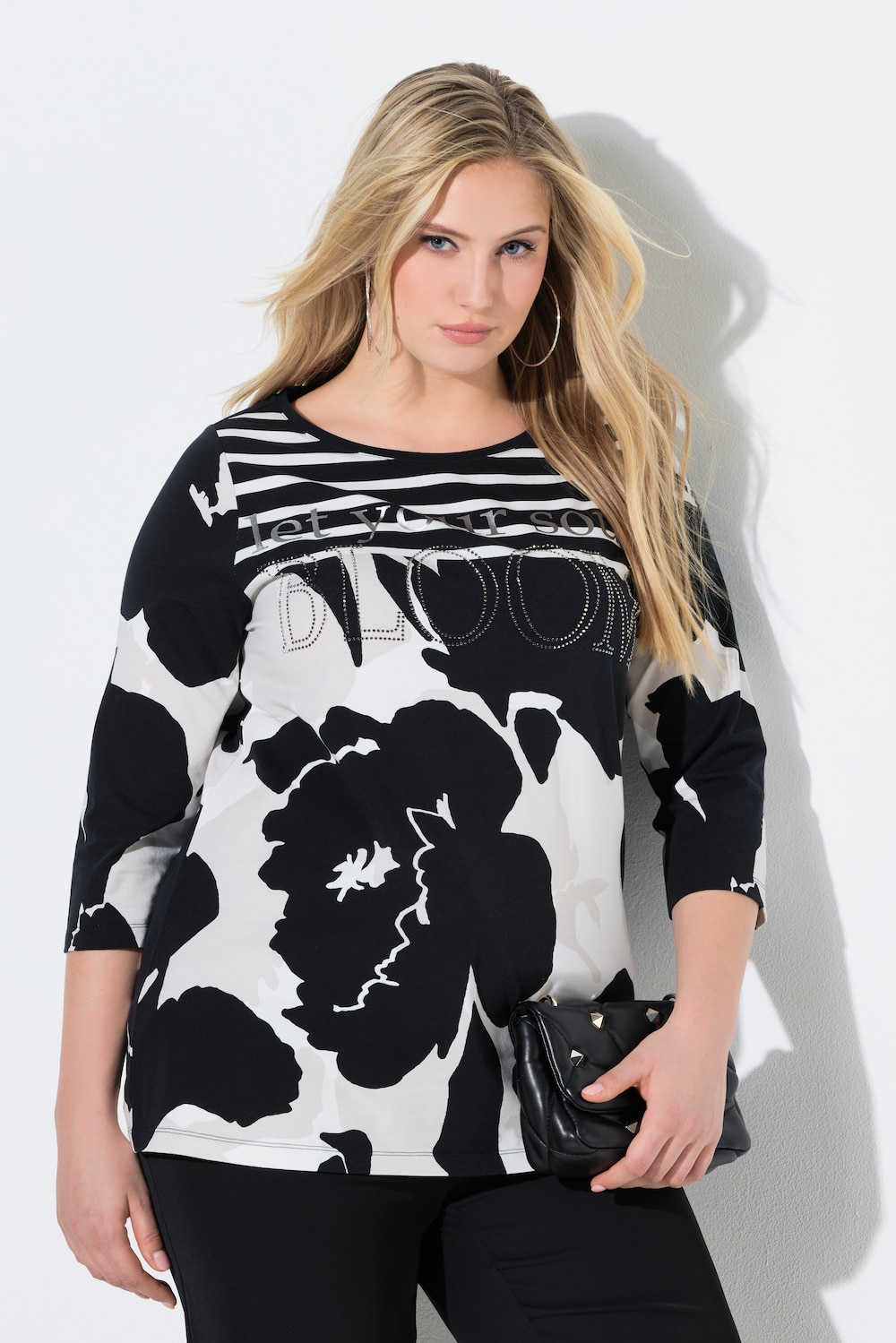 Shirt, Blüten, Ziersteine, U-Boot-Ausschnitt, 3/4-Arm