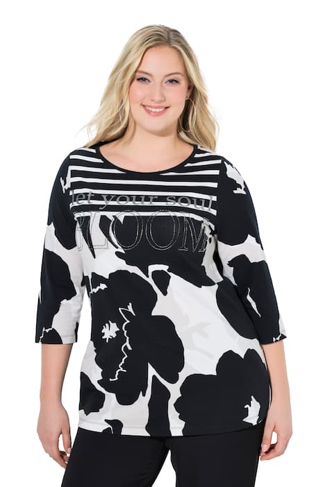 Halenka, květiny, ozdobné kamínky, lodičkový výstřih, 3/4 rukávy