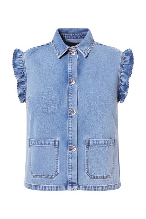 Džínová vesta, Boxy střih, světle sepraná, volány na průramcích