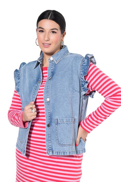 Džínová vesta, Boxy střih, světle sepraná, volány na průramcích