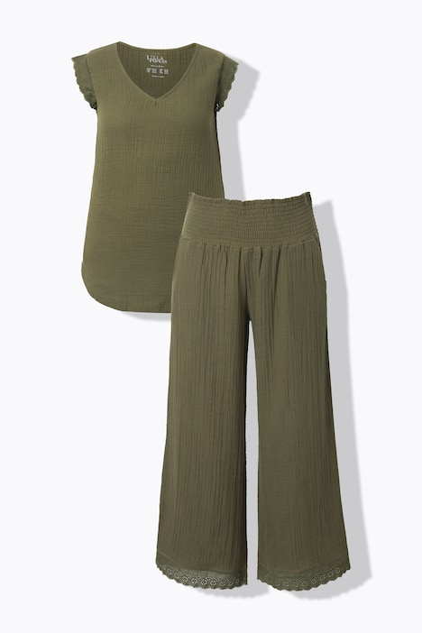 Pyjama, Musselin, Lochspitze, V-Ausschnitt, ärmellos