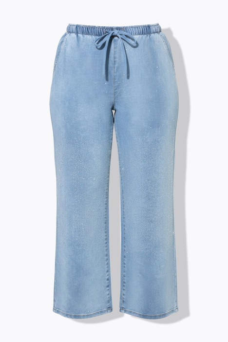 Jean à enfiler, jambe large et taille élastique, petites pierres scintillantes