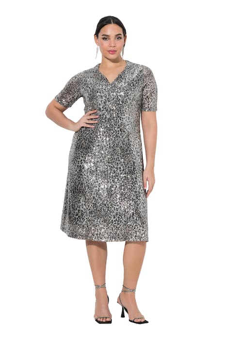 Šaty s flitry, leopardí vzor, áčkový střih, polo rukávy