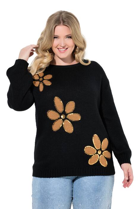 Svetr, volný střih, flitrové květy, dlouhé balónové rukávy