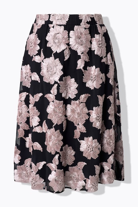 Spódnica midi, aplikacje w kwiaty, trapezowy krój, elastyczny pas