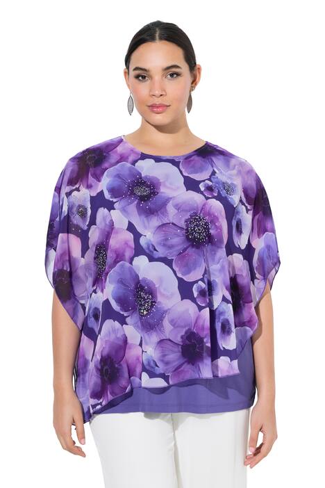 Šifonová halenka, květinový vzor, dvouvrstvá, kulatý výstřih, polo rukávy