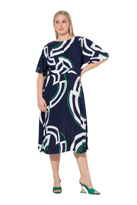 midi šaty, kruhy, áčkový střih, lodičkový výstřih, polo rukávy