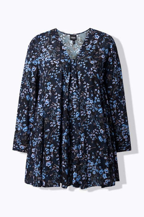 Bluse, Blütenmuster, Godetfalten, A-Linie, Langarm