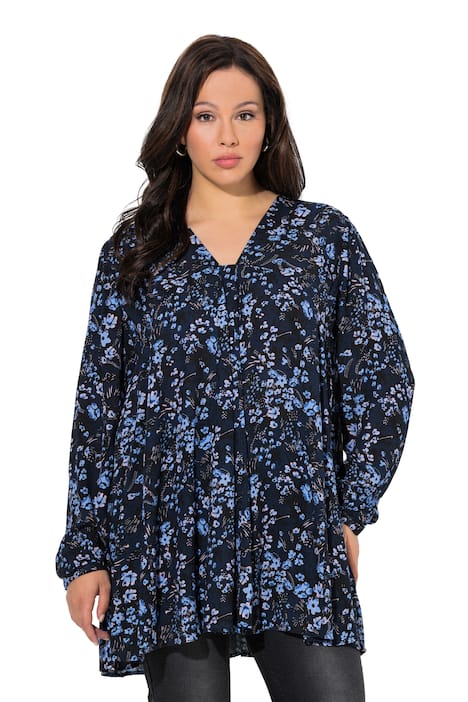 halenka, květinový vzor, godetové záhyby, A střih, Dlouhé rukávy