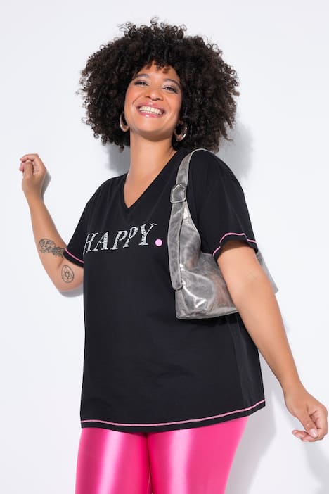 T-Shirt, Boxy Fit, HAPPY Schriftzug, Neonnähte