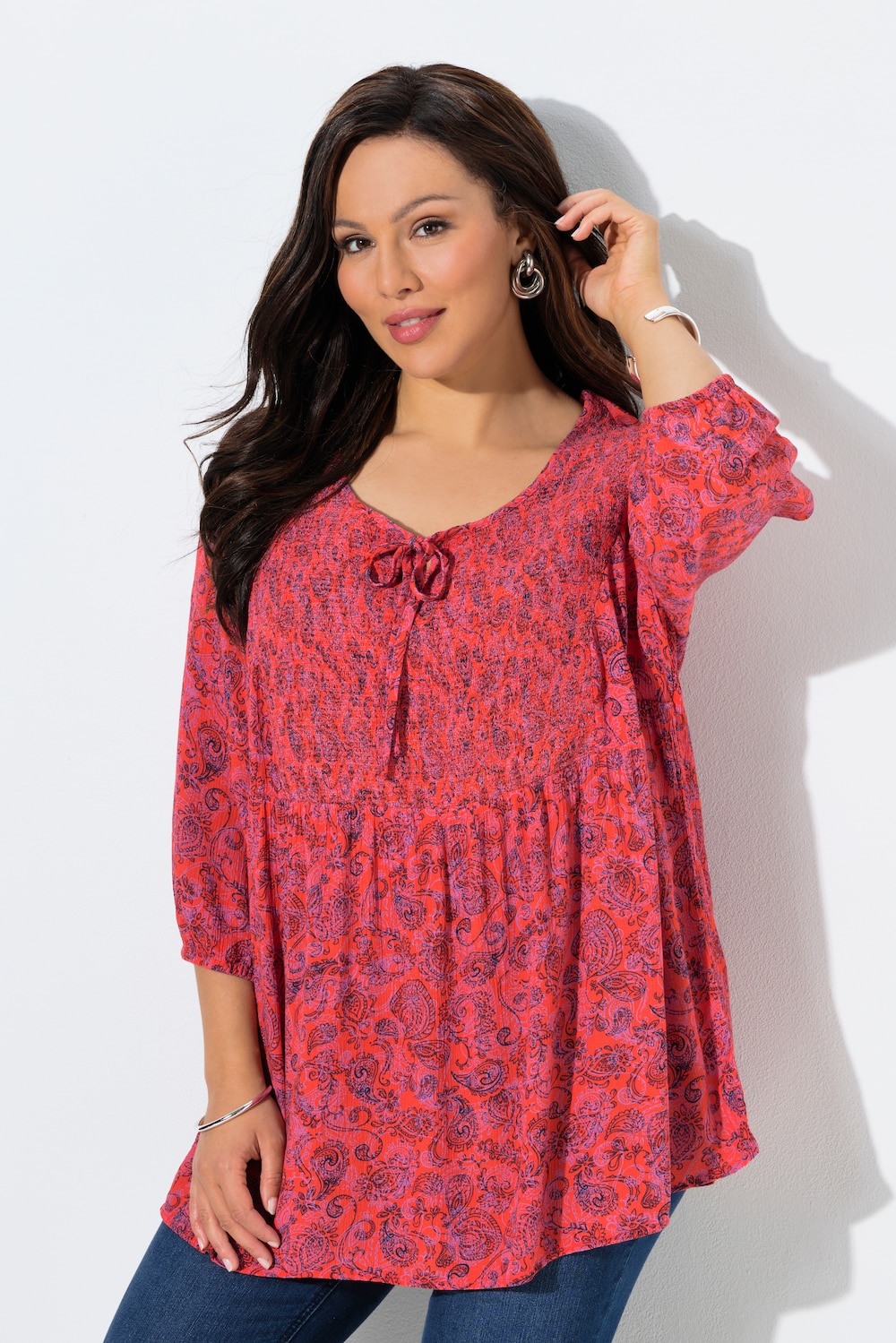 Smokbluse, Bluse, Rundhals, 3/4-Arm, Rückenfalte