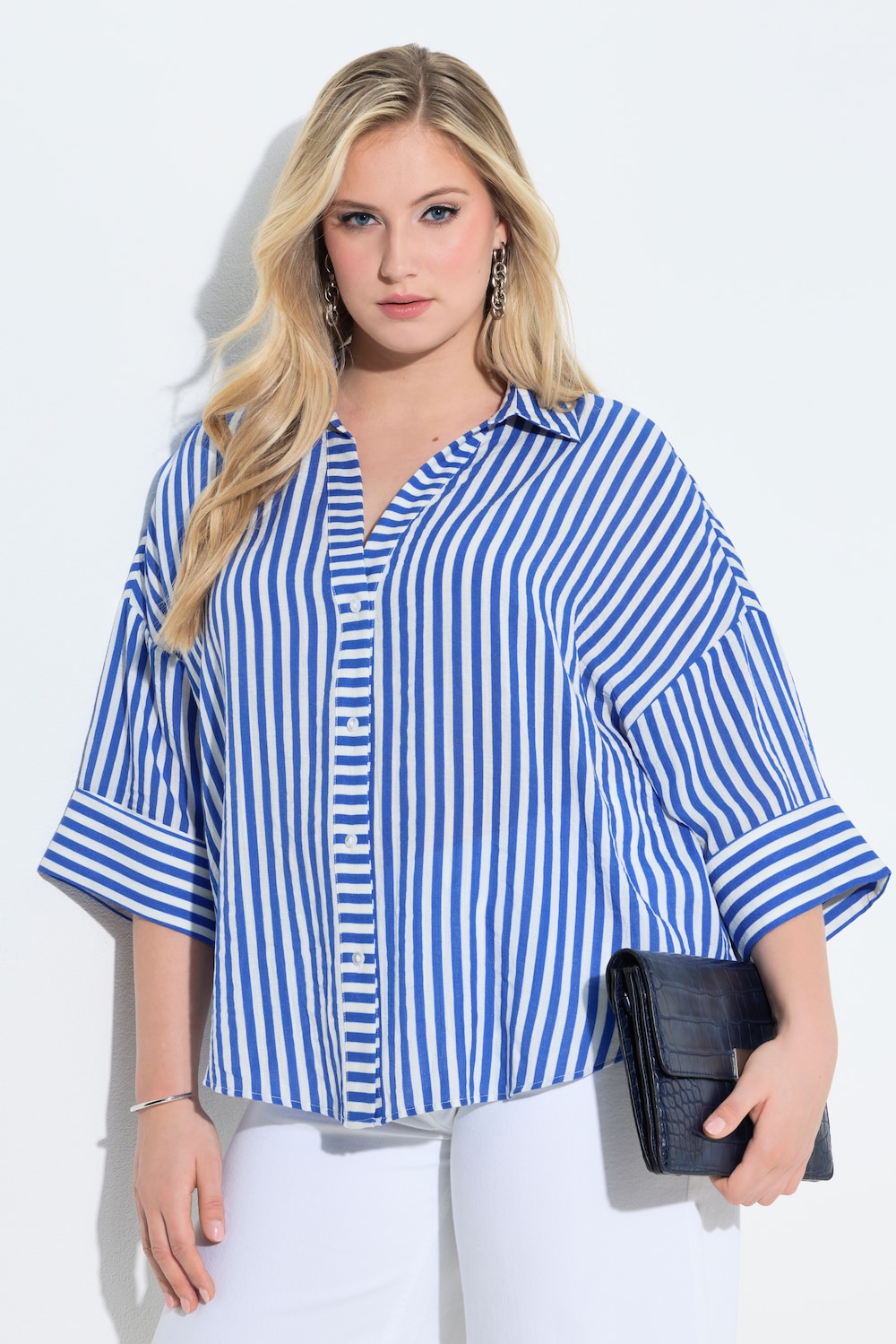 Bluse, striper, oversized, V-hals, 3/4-ermer