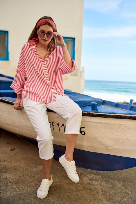 Bluse, Streifen, Oversized, V-Ausschnitt, 3/4-Arm