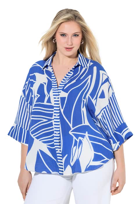 Halenka, květy, volný střih, košilový límec, 3/4 rukávy