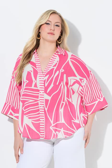 Blouse, bloemen, oversized, overhemdkraag, 3/4-mouwen