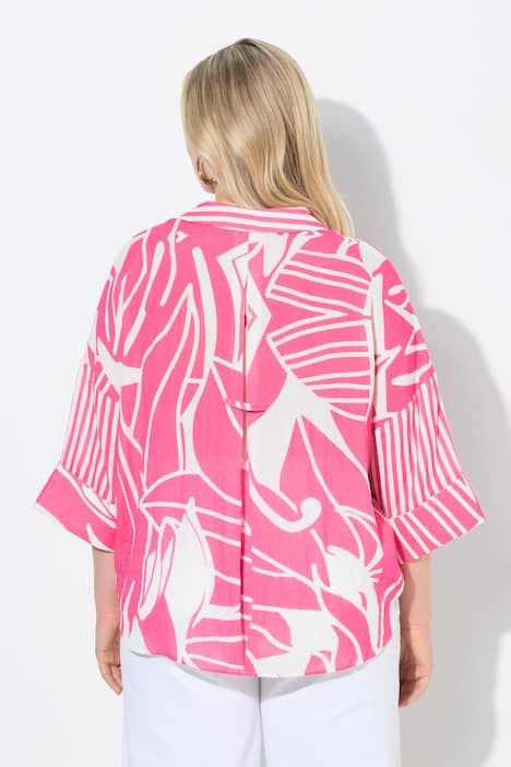 Blouse, bloemen, oversized, overhemdkraag, 3/4-mouwen