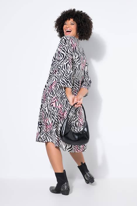 Kleid, Zebramuster mit Neondruck, 3/4-Ärmel, Volants