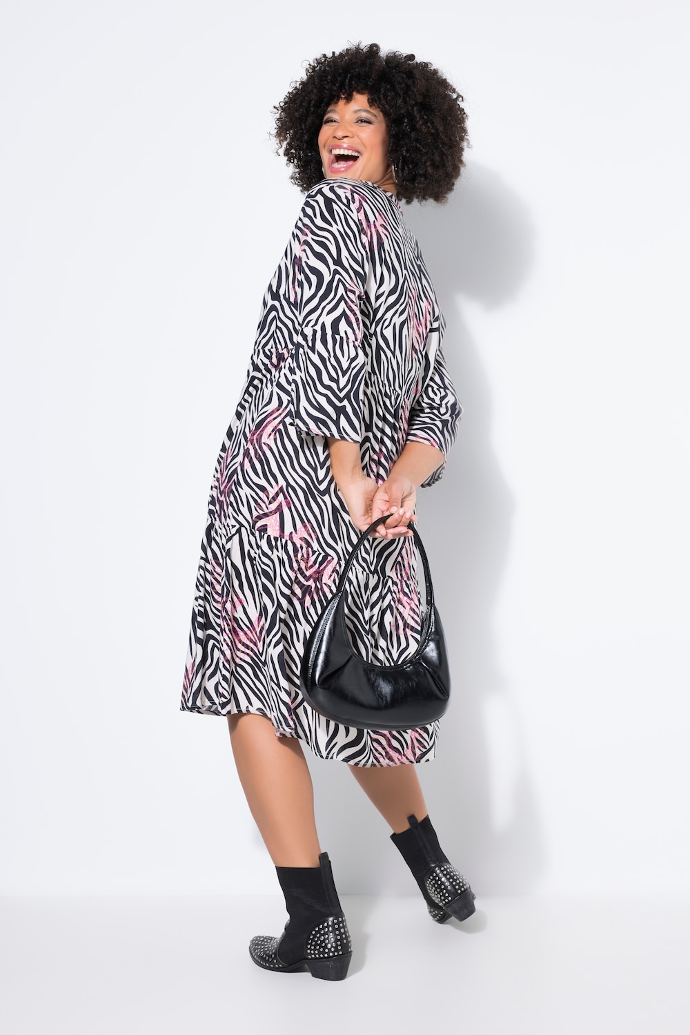 Kleid, Zebramuster mit Neondruck, 3/4-Ärmel, Volants