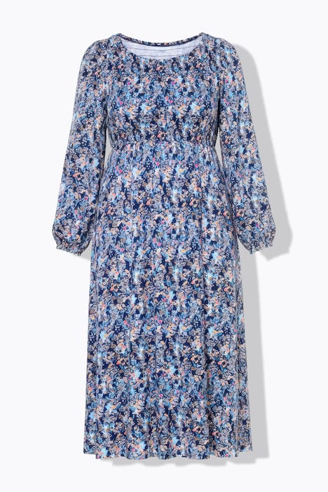 Kleid, Jersey, Blumenmuster, gesmoktes Oberteil, weiter Rock