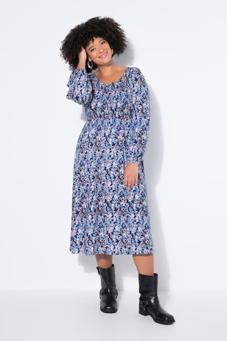 Kleid, Jersey, Blumenmuster, gesmoktes Oberteil, weiter Rock