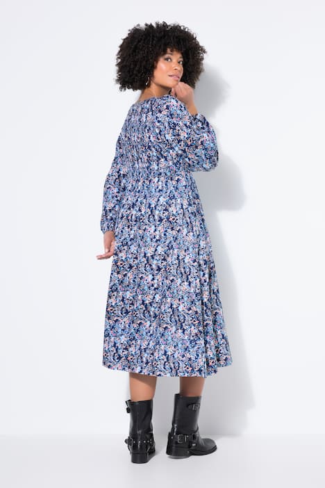 Kleid, Jersey, Blumenmuster, gesmoktes Oberteil, weiter Rock